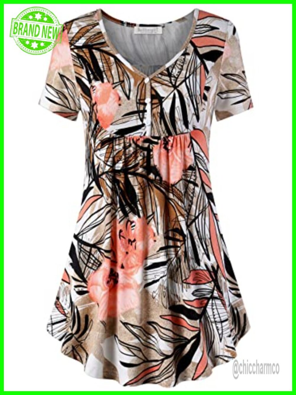Womens V Neck Henley Tunic Ruffle Button Flowy Short Sleeve Top for Leggings